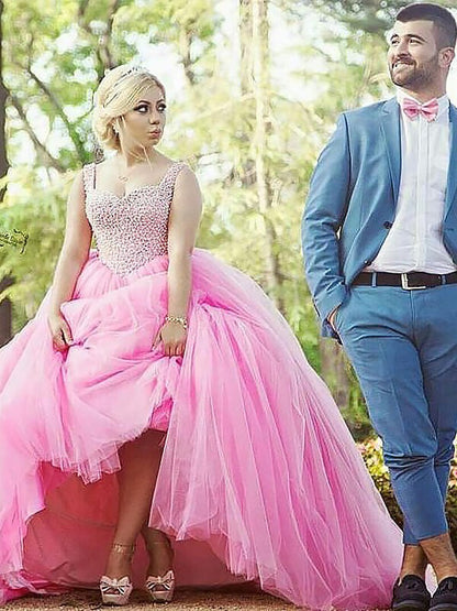 Ball Gown Tulle Sweetheart Sleeveless Sweep/Brush Train With Pearls Plus Size Prom Dress