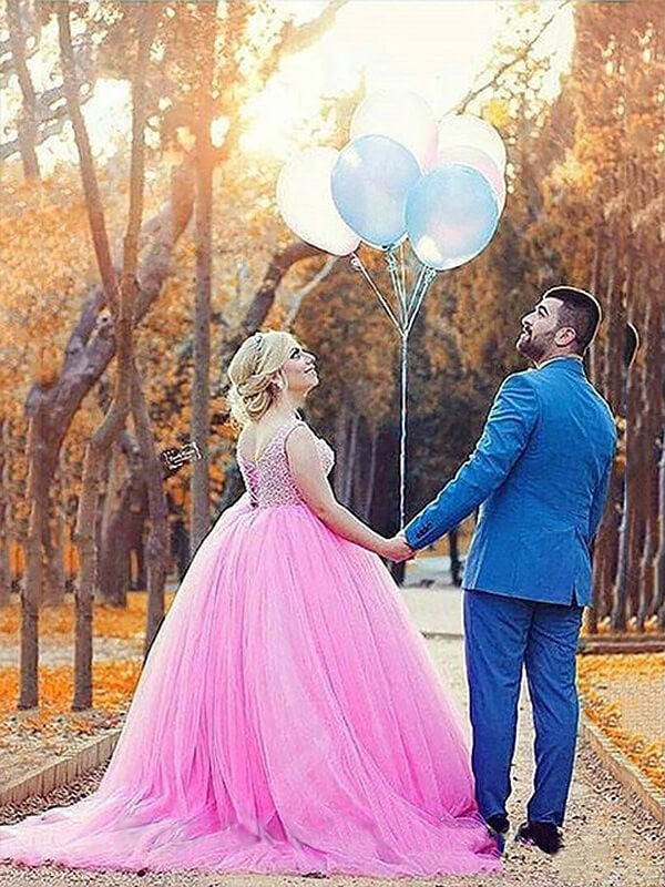 Ball Gown Tulle Sweetheart Sleeveless Sweep/Brush Train With Pearls Plus Size Prom Dress