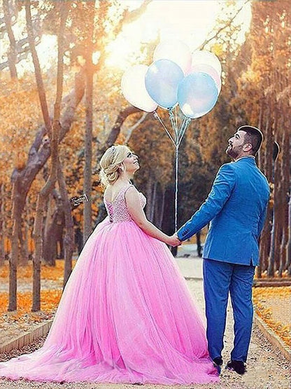 Ball Gown Tulle Sweetheart Sleeveless Sweep/Brush Train With Pearls Plus Size Prom Dress