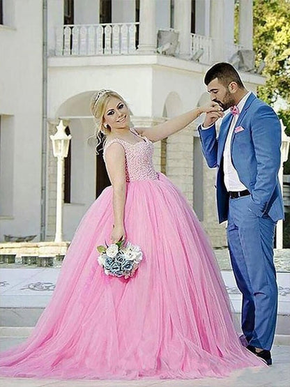 Ball Gown Tulle Sweetheart Sleeveless Sweep/Brush Train With Pearls Plus Size Prom Dress