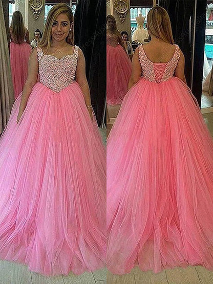 Ball Gown Tulle Sweetheart Sleeveless Sweep/Brush Train With Pearls Plus Size Prom Dress