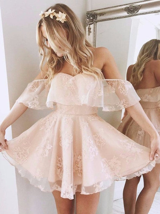 A-Line Lace Off-the-Shoulder Sleeveless Short/Mini With Layers Homecoming Dress
