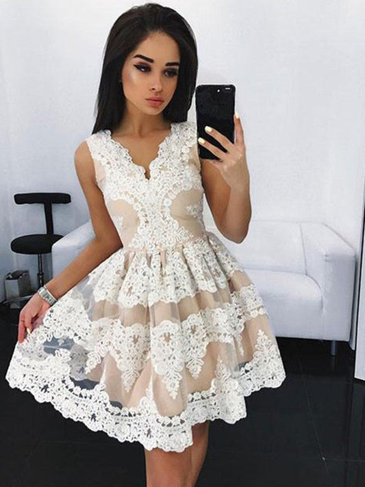 A-Line Satin V-neck Sleeveless Short/Mini With Lace Homecoming Dress