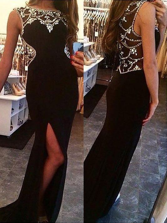 Sheath Bateau Sleeveless Sweep/Brush Train With Beading Spandex Prom Dress