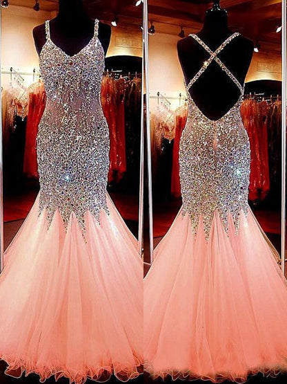 Mermaid Sleeveless V-neck Tulle With Sequin Floor-Length Prom Dress