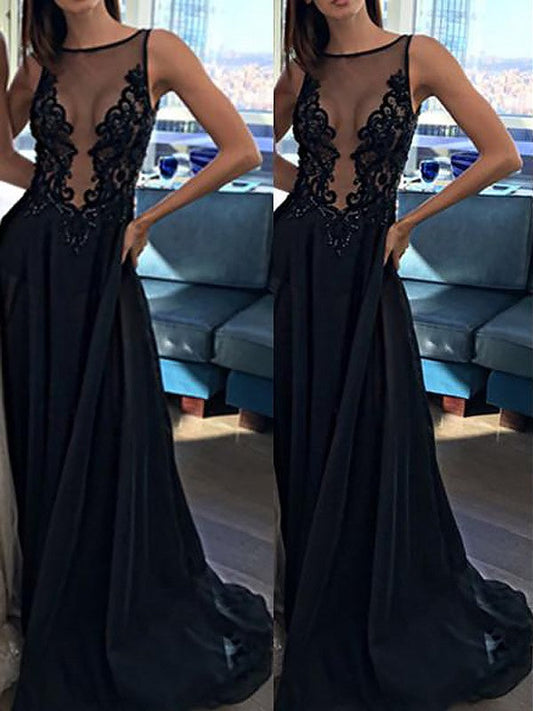 A-Line Sleeveless Bateau Chiffon With Applique Sweep/Brush Train Prom Dress