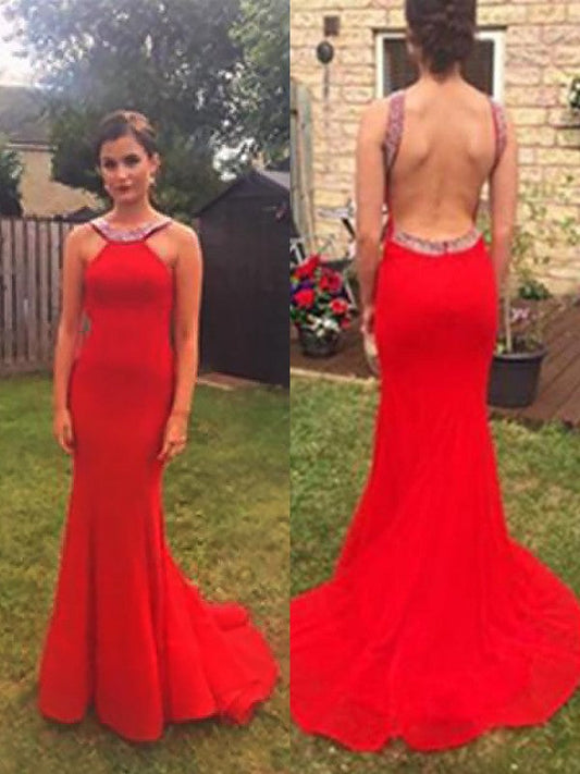 Sheath Sleeveless With Beading Floor-Length Halter Satin Prom Dress