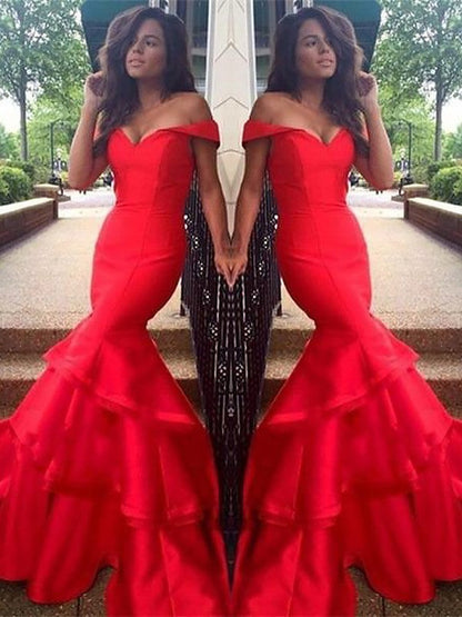 Mermaid Sleeveless Off-the-Shoulder Satin With Layers Sweep/Brush Train Prom Dress