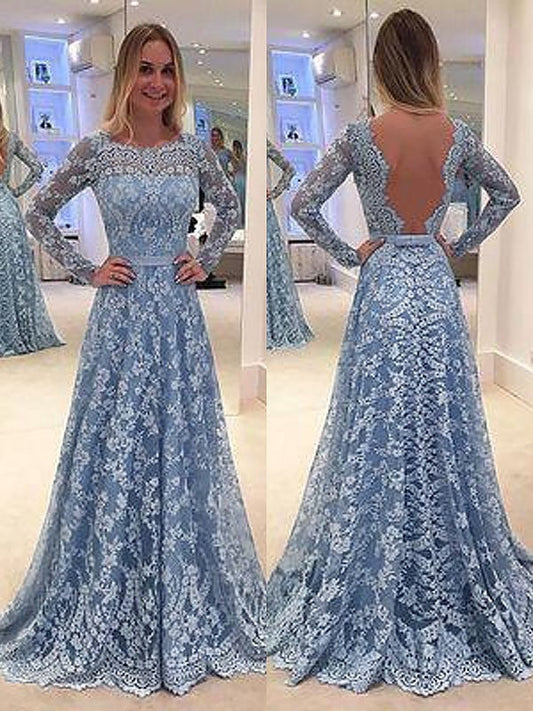 A-Line Long Sleeves Lace Floor-Length Bateau With Ruffles Prom Dress