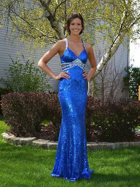 Sheath V-neck Sleeveless Floor-Length With Beading Sequins Prom Dress