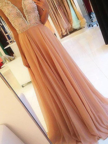 A-Line Sleeveless V-neck Chiffon With Beading Sweep/Brush Train Prom Dress