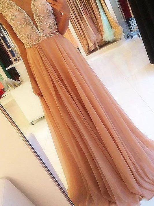 A-Line Sleeveless V-neck Chiffon With Beading Sweep/Brush Train Prom Dress
