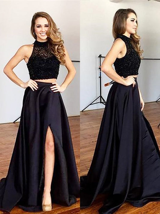 A-Line Sleeveless Halter Satin With Beading Sweep/Brush Train Two Piece Prom Dress