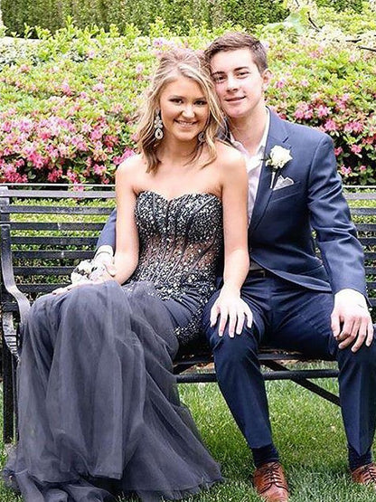 Mermaid Sleeveless Sweetheart Tulle With Sequin Floor-Length Prom Dress