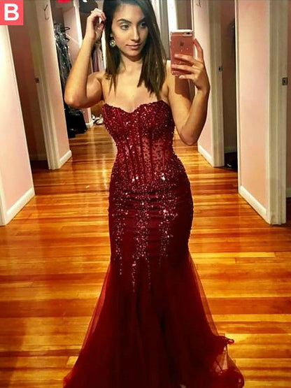 Mermaid Sleeveless Sweetheart Tulle With Sequin Floor-Length Prom Dress