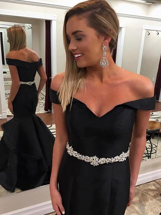 Mermaid Sleeveless Off-the-Shoulder Satin With Beading Sweep/Brush Train Prom Dress