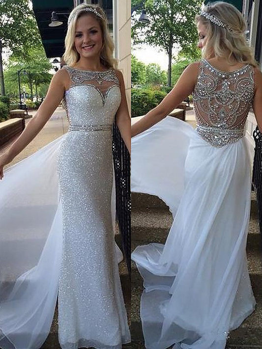 A-Line Sleeveless Bateau With Beading Chiffon Sweep/Brush Train Prom Dress