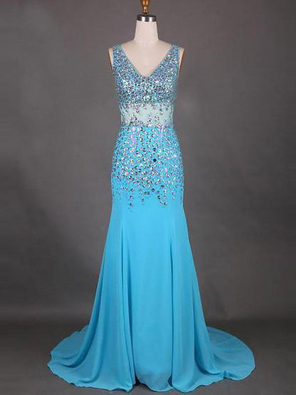 Mermaid Sleeveless V-neck Chiffon With Beading Sweep/Brush Train Prom Dress