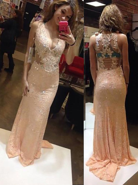 Sheath V-neck Sleeveless With Applique Sweep/Brush Train Satin Prom Dress