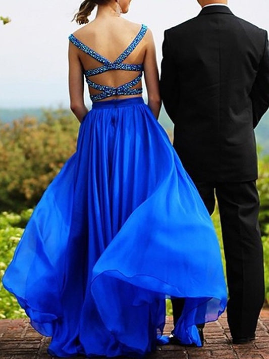 A-Line Sleeveless Sweetheart Chiffon With Beading Floor-Length Two Piece Prom Dress