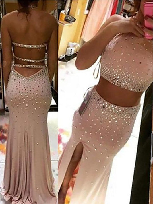 Sheath Halter Sleeveless With Beading Sweep/Brush Train Spandex Two Piece Prom Dress