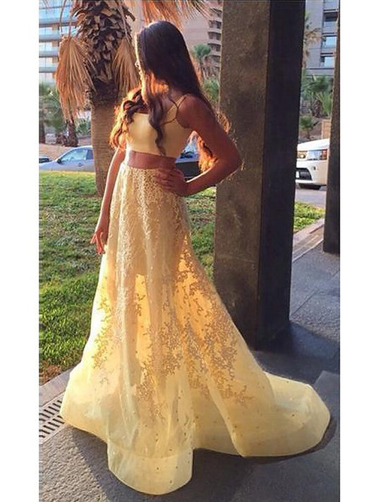 A-Line Square Sleeveless Satin Sweep/Brush Train With Applique Two Piece Prom Dress