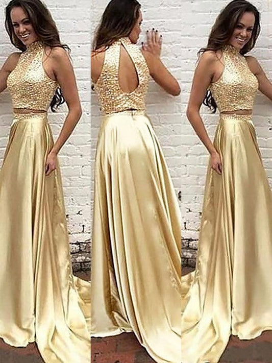 A-Line High Neck Sleeveless Silk like Satin Sweep/Brush Train With Beading Two Piece Prom Dress