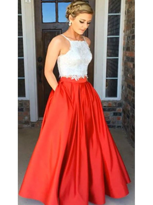 A-Line Spaghetti Straps Sleeveless Satin Floor-Length With Lace Two Piece Prom Dress