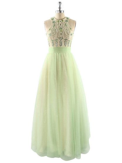 Ball Gown Sleeveless Halter With Beading Floor-Length Tulle Prom Dress