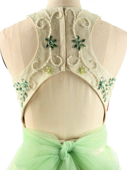 Ball Gown Sleeveless Halter With Beading Floor-Length Tulle Prom Dress