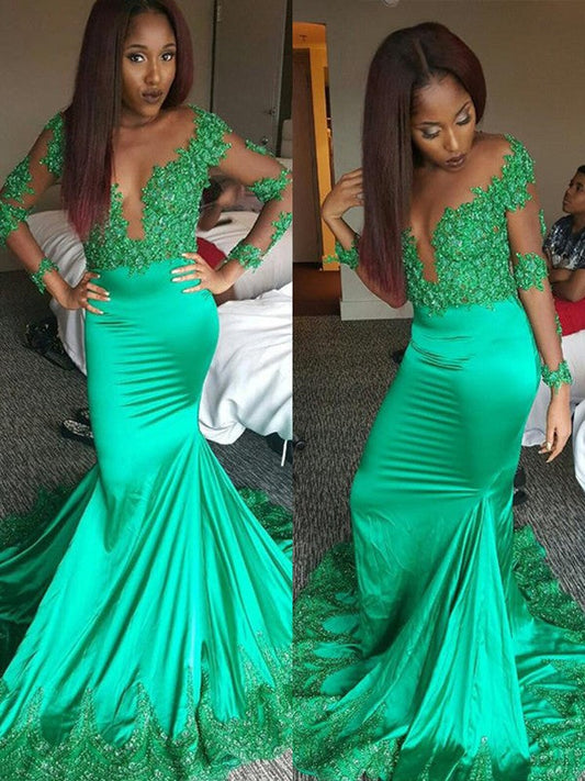 Mermaid Long Sleeves V-neck Satin With Lace Sweep/Brush Train Prom Dress