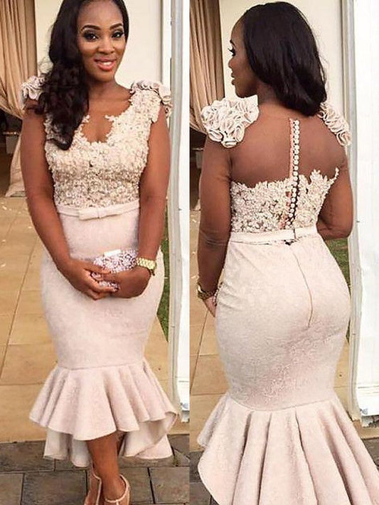 Mermaid Sleeveless V-neck Satin With Beading Asymmetrical Prom Dress