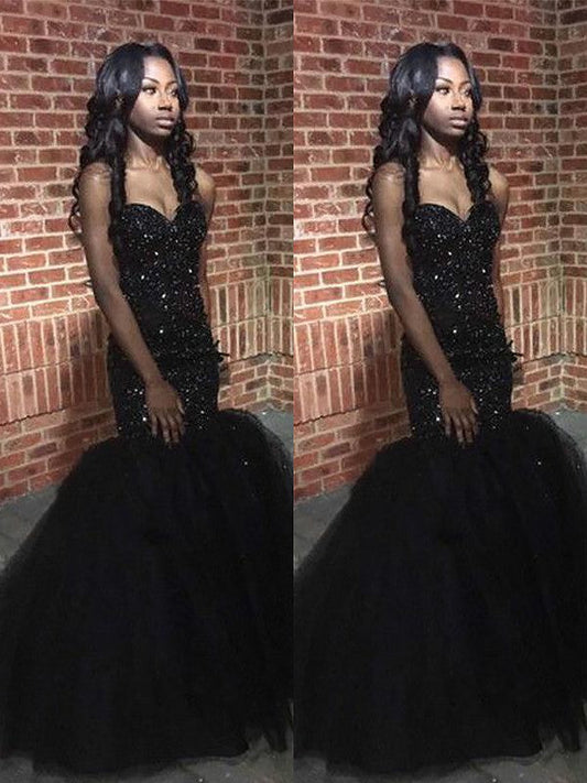Mermaid Sleeveless Sweetheart Tulle With Sequin Sweep/Brush Train Prom Dress