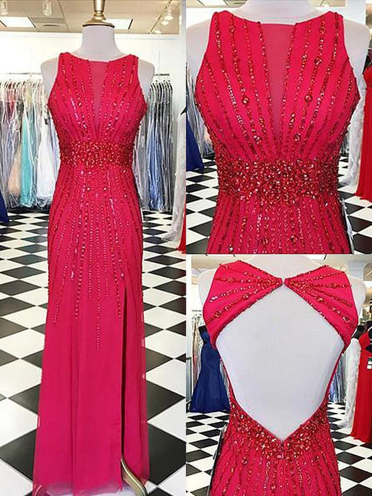 Sheath Bateau Sleeveless With Beading Floor-Length Chiffon Prom Dress