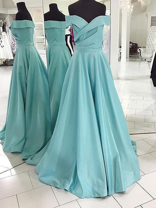 A-Line Off-the-Shoulder Sleeveless Sweep/Brush Train With Ruched Satin Prom Dress