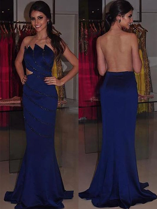 Sheath Strapless Sleeveless With Beading Sweep/Brush Train Satin Prom Dress