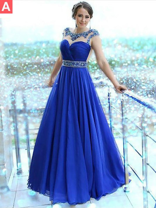 A-Line Bateau Sleeveless Floor-Length With Beading Chiffon Prom Dress