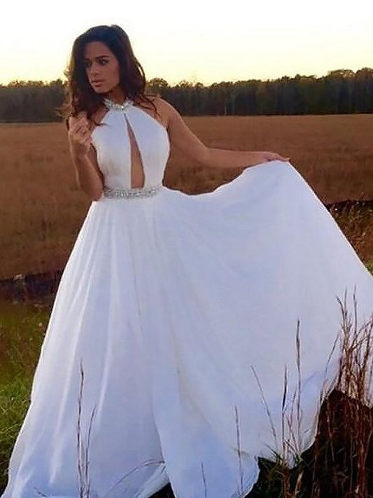 A-Line Halter Sleeveless Floor-Length With Beading Chiffon Prom Dress