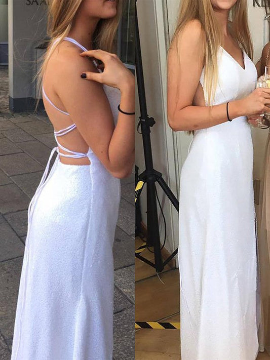 Sheath V-neck Sleeveless Floor-Length Sequins Prom Dress