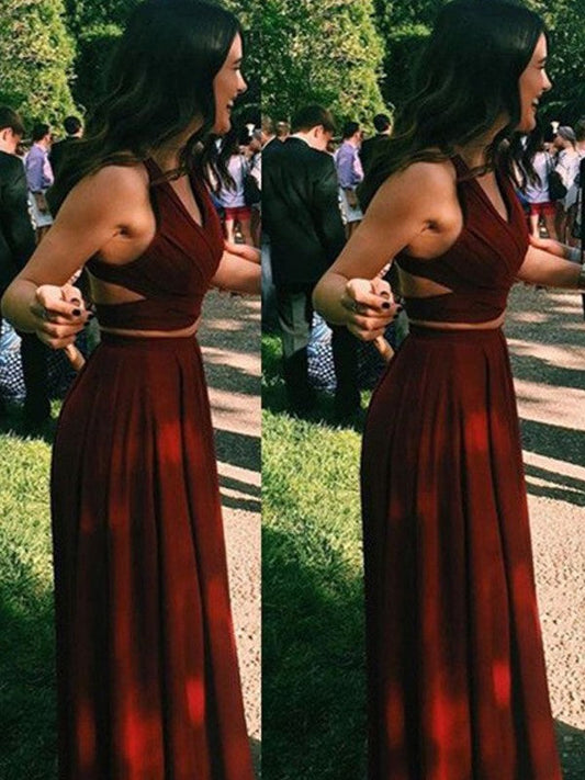 A-Line Chiffon Halter Sleeveless Floor-Length With Ruffles Two Piece Prom Dress