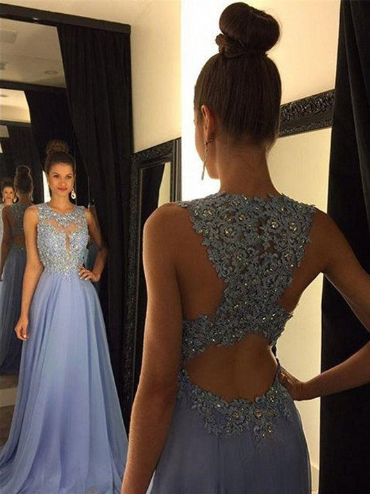 A-Line Chiffon Scoop Sleeveless Sweep/Brush Train With Applique Prom Dress