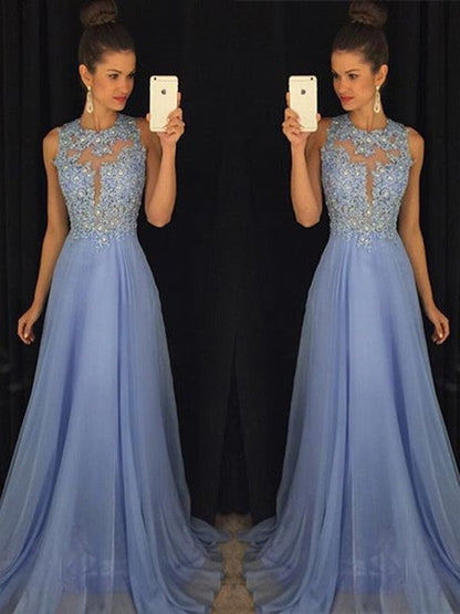 A-Line Chiffon Scoop Sleeveless Sweep/Brush Train With Applique Prom Dress