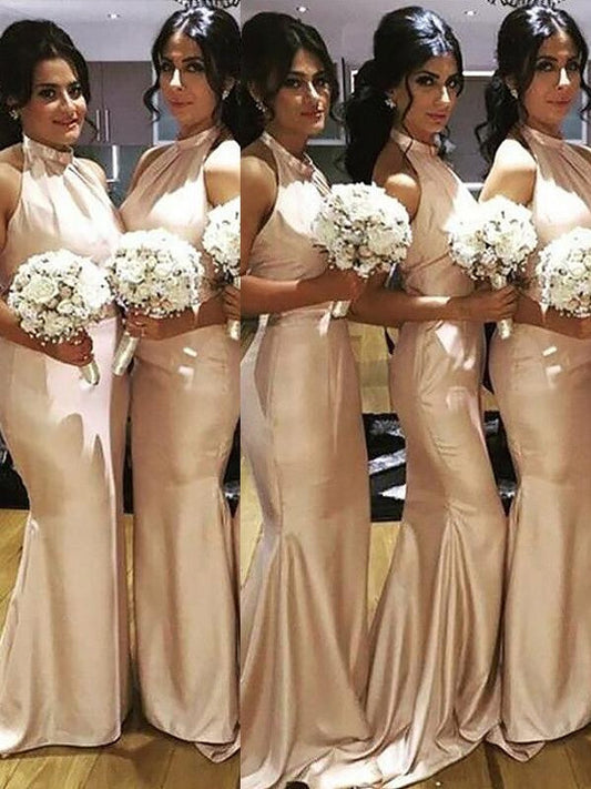 Mermaid Halter Sleeveless Floor-Length Silk like Satin Bridesmaid Dresses