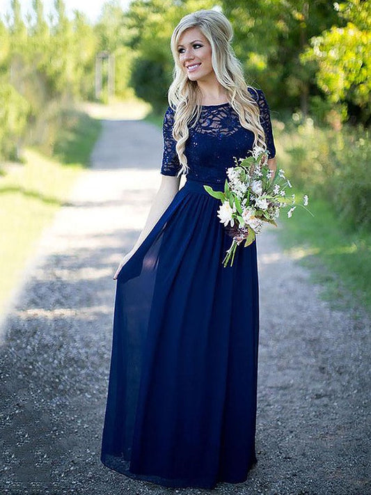 A-Line Scoop 1/2 Sleeves Floor-Length Chiffon Bridesmaid Dresses
