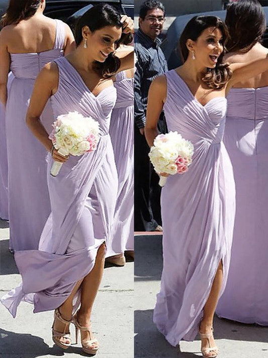 A-Line One-Shoulder Chiffon Ruched Sleeveless Floor-Length Bridesmaid Dresses