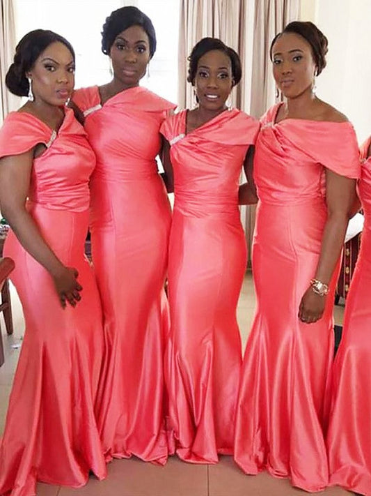 Mermaid Off-the-Shoulder Floor-Length Sleeveless Silk like Satin Bridesmaid Dresses
