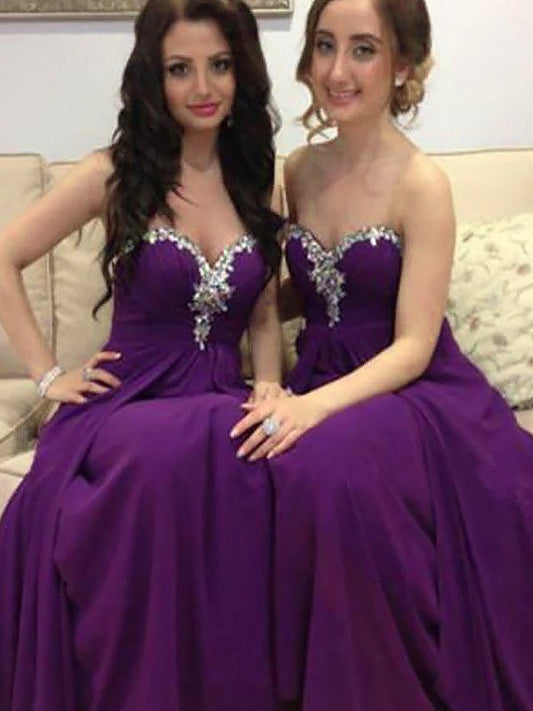 A-Line Sleeveless With Beading Sweetheart Chiffon Floor-Length Bridesmaid Dresses