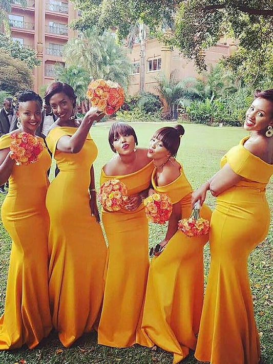 Mermaid Floor-Length Sleeveless Off-the-Shoulder Jersey Bridesmaid Dresses