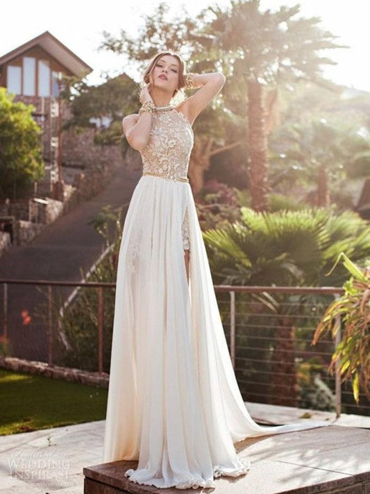 A-Line Chiffon Halter Sleeveless Sweep/Brush Train With Lace Prom Dress