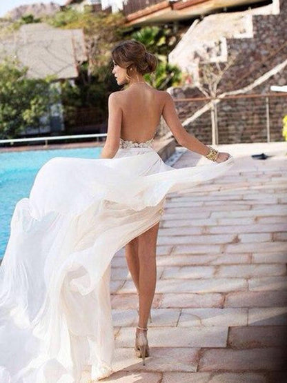 A-Line Chiffon Halter Sleeveless Sweep/Brush Train With Lace Prom Dress